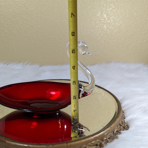 Duncan Miller Ruby Red Glass Swan Dish 8 in Candy Nut Vintage Clear Neck - Picture 6 of 9